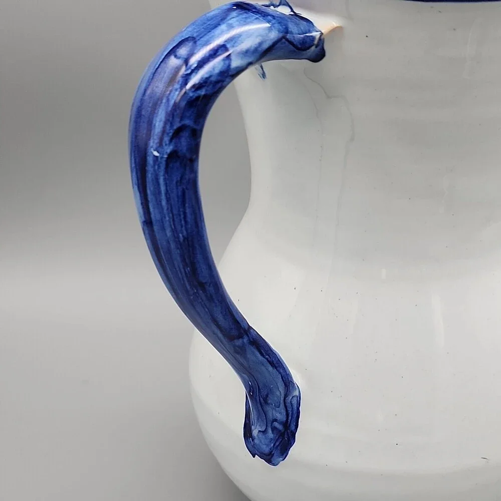 Talavera Spain Vino Pitcher Jug Hand Painted Pottery White Cobalt Blue Marked